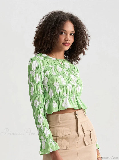 Ruched Boat Neck Long Sleeve Crop T-shirt