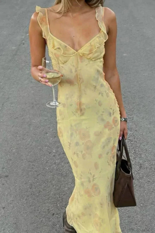 Ruffle Strap Ruffled Sleeve Maxi Dress