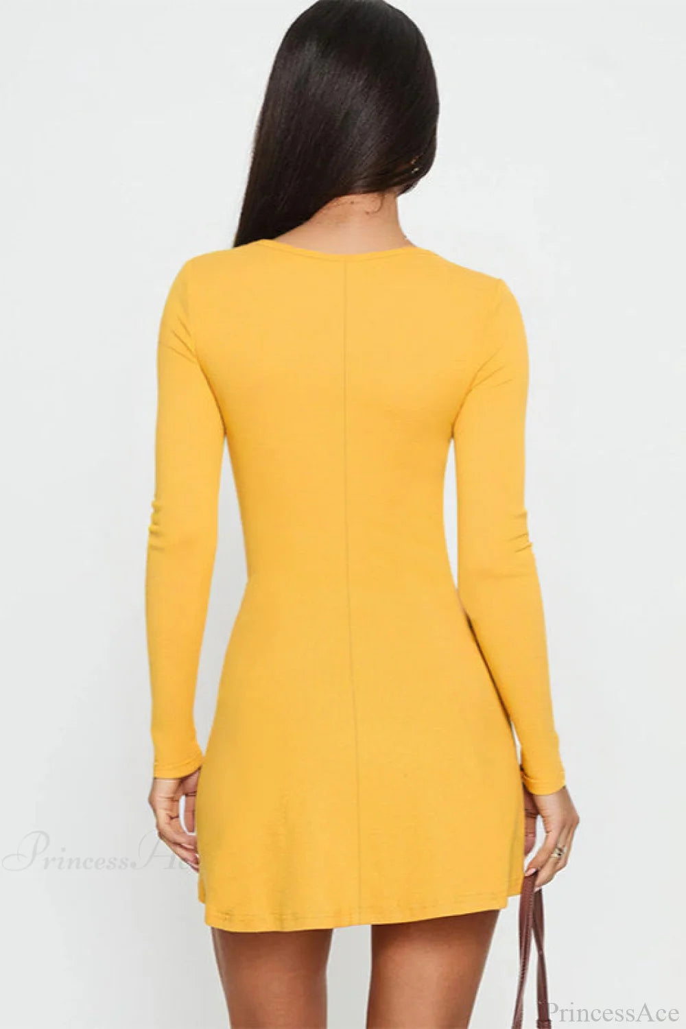 Slim Waist U Neck Long Sleeve Mini Dress