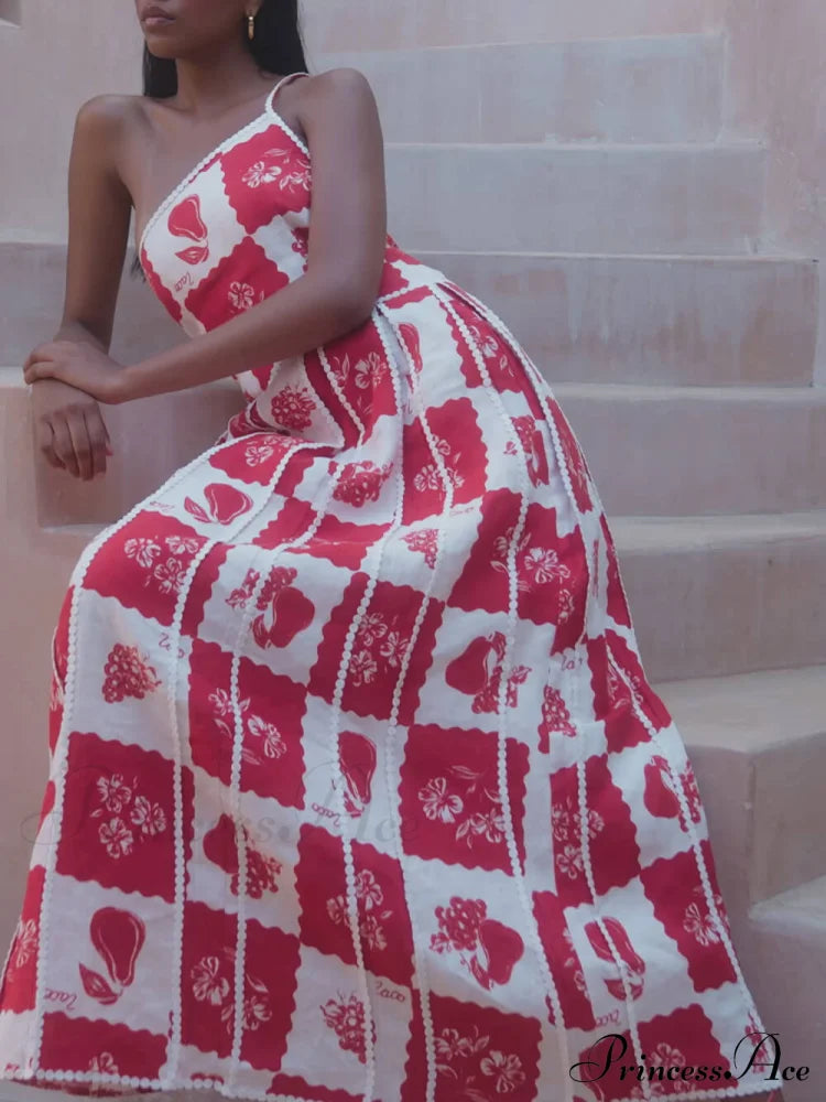 Trim Unique Printed Graceful One Shoulder Flared Maxi Dress