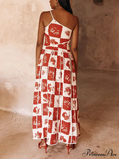 Trim Unique Printed Graceful One Shoulder Flared Maxi Dress