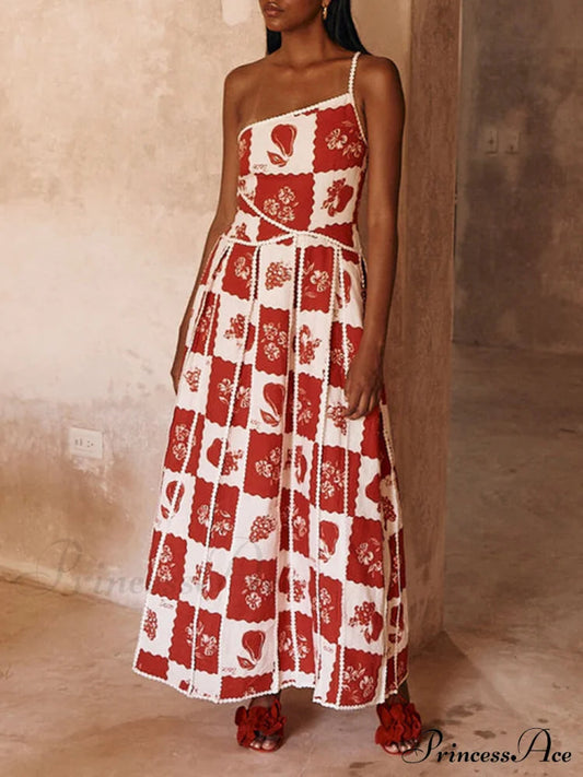 Trim Unique Printed Graceful One Shoulder Flared Maxi Dress