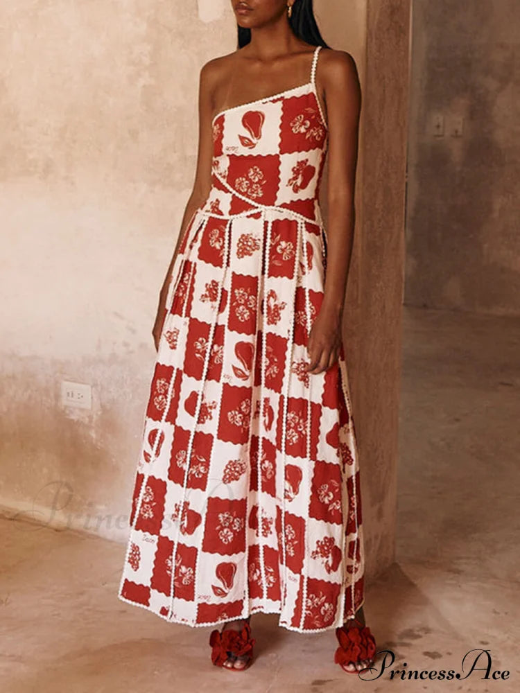 Trim Unique Printed Graceful One Shoulder Flared Maxi Dress