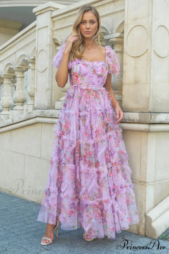 Tulle Puff Sleeve Bow Tie Maxi Dress