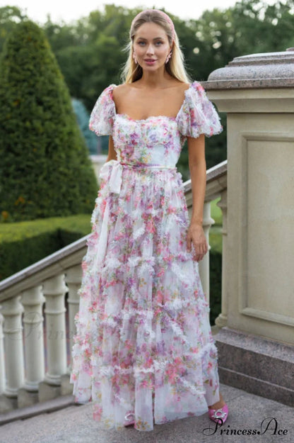 Tulle Puff Sleeve Bow Tie Maxi Dress
