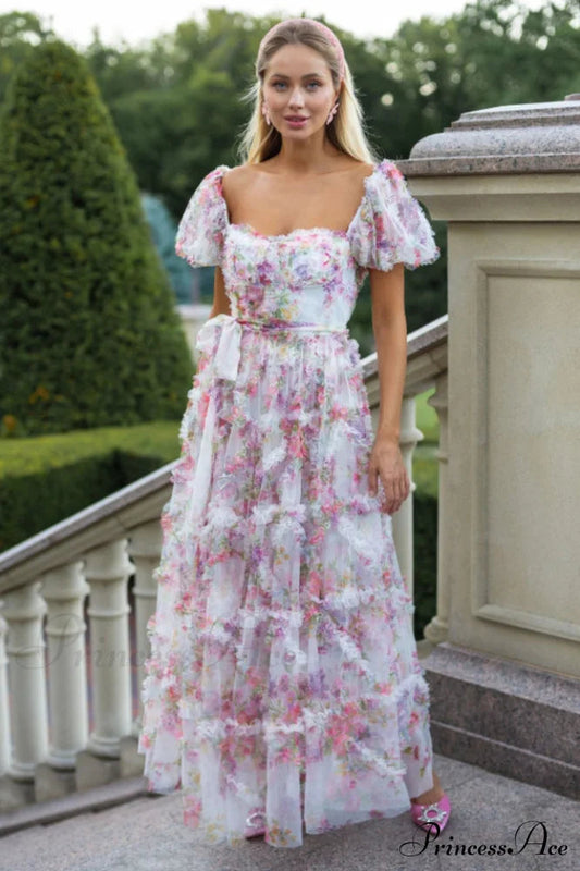 Tulle Puff Sleeve Bow Tie Maxi Dress