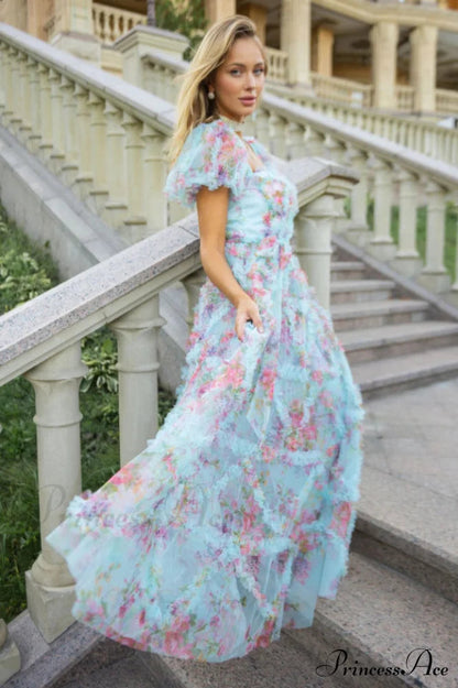 Tulle Puff Sleeve Bow Tie Maxi Dress