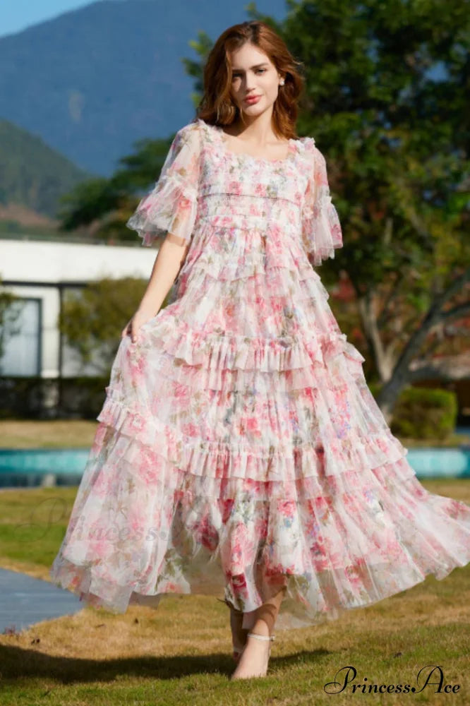 Tulle Ruffle Charming Layered Maxi Dress
