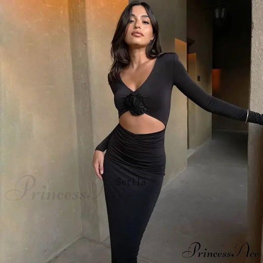 Florale Cut Out Long for Long Sleeve Midi Dress