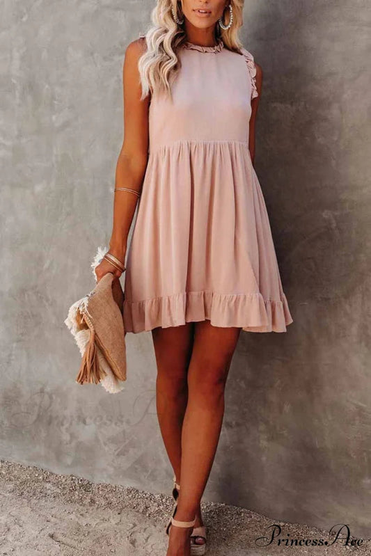 Florcoo Loose Color Modern Short Sleeve V-neck Mini Dress