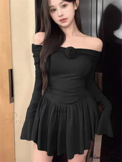 Flower Bodycon Ruffled Off Shoulders Slim Mini Dress