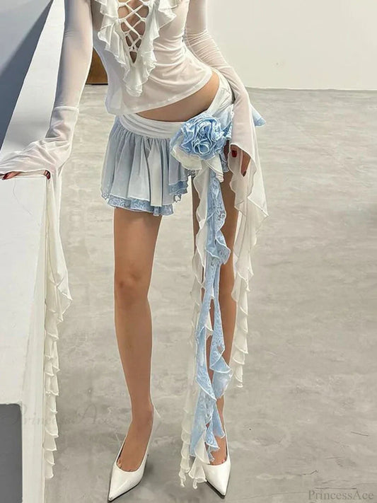 Flower Lace Mini Skirt Asymmetrical Ruffle High Street Skirt
