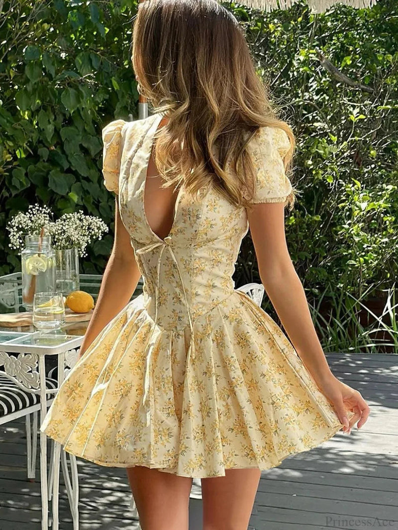 Flower Print Deep V-neck Mini Dress