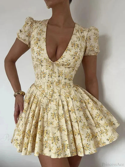 Flower Print Deep V-neck Mini Dress