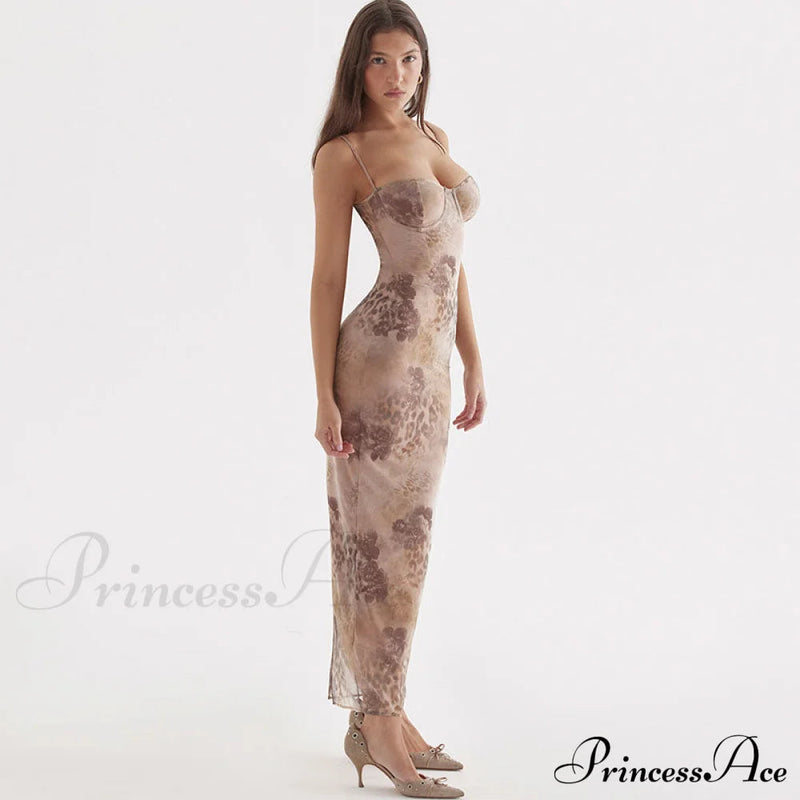 Flower Print Lace Trim Spaghetti Classic Strap Bodycon Midi Dress - Pink
