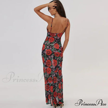 Flower Print Mesh Charming Slip Maxi Dress