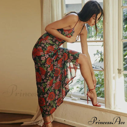 Flower Print Mesh Charming Slip Maxi Dress