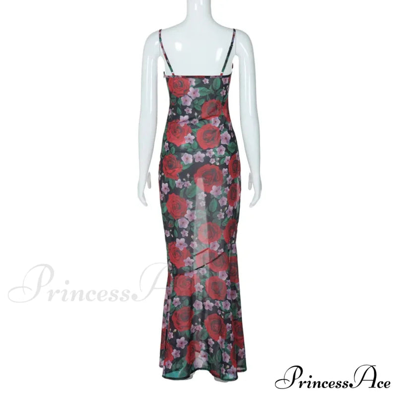 Flower Print Mesh Charming Slip Maxi Dress