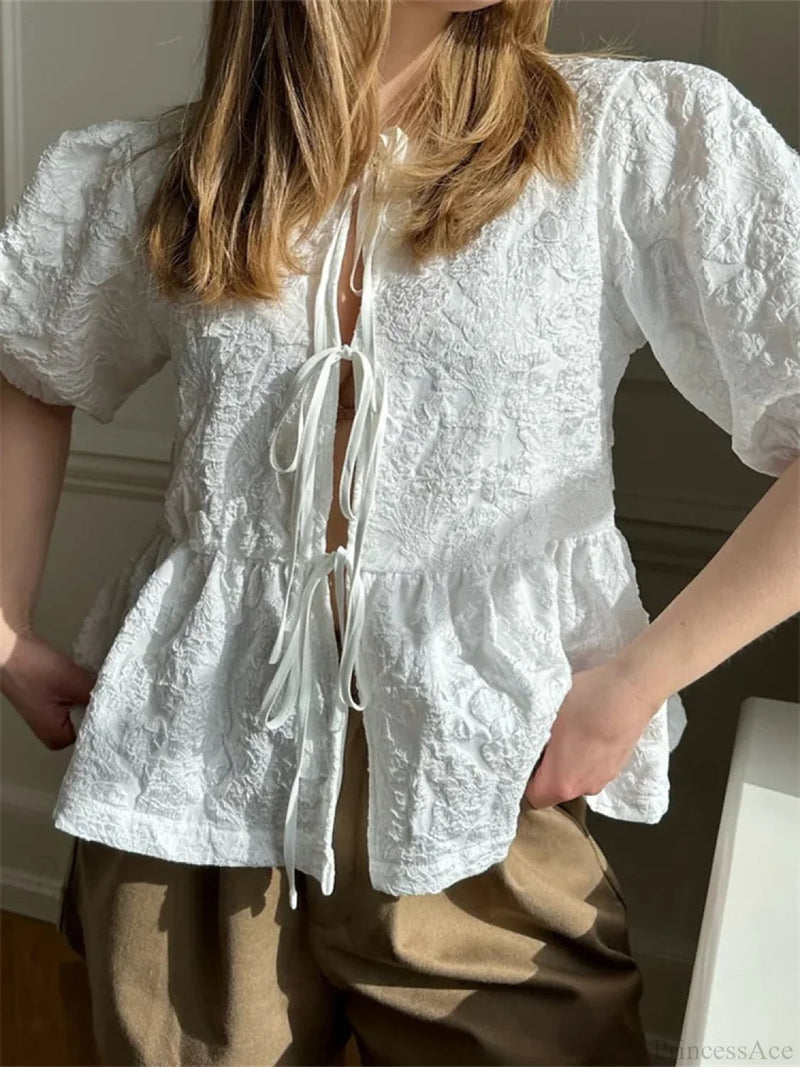 Flower Ruched Front Tie-up Blouse