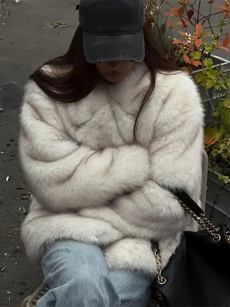 Fluffy Faux Fur Lapel Short Overcoat