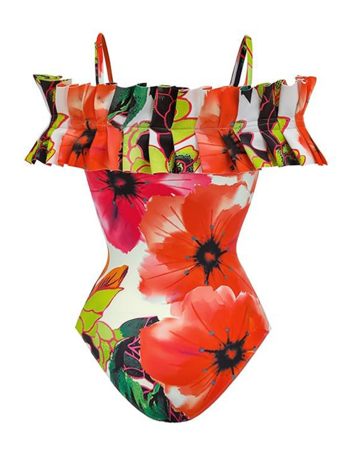 Ruffled Printed One Piece Swimsuit and Skirt