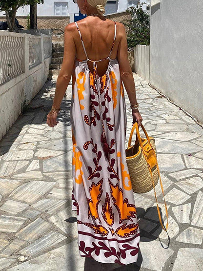 Strap Printed Square Neck Printed Holiday Maxi Dress