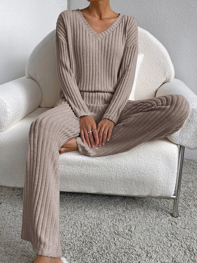 V Neck Long Sleeves Top and Pants Two Pieces Sets