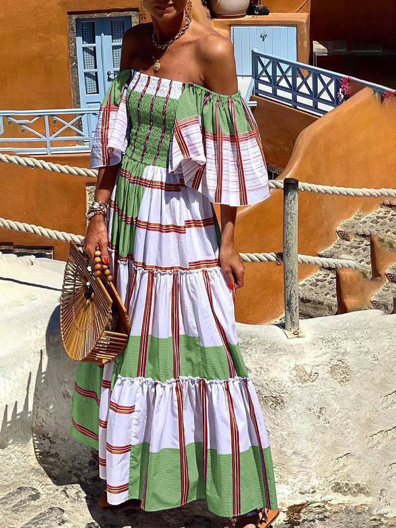 Off Shoulder Ruffle Sleeves Stripes Swing Maxi Dress