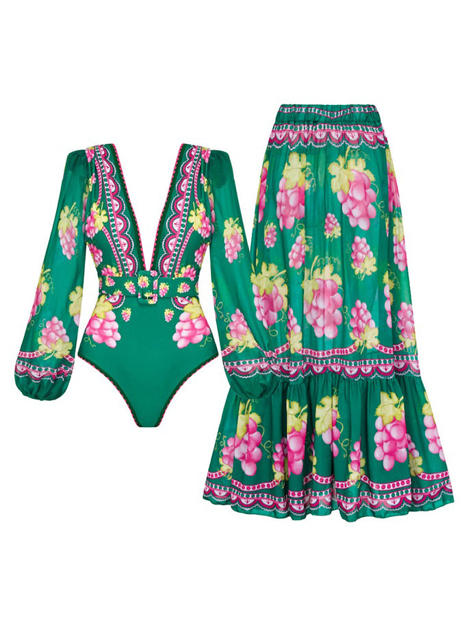 Ruffled Deep V Cutout Retro Green Grapes Print One Piece Swimsuit and Skirt