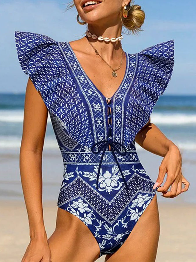 Asymmetrical Ruffle Printed One Piece Swimsuit and Skirt
