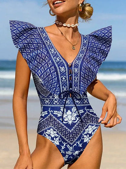 Asymmetrical Ruffle Printed One Piece Swimsuit and Skirt