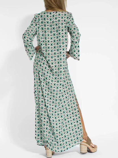Long Sleeves V Neck Geometric Printed Maxi Dress
