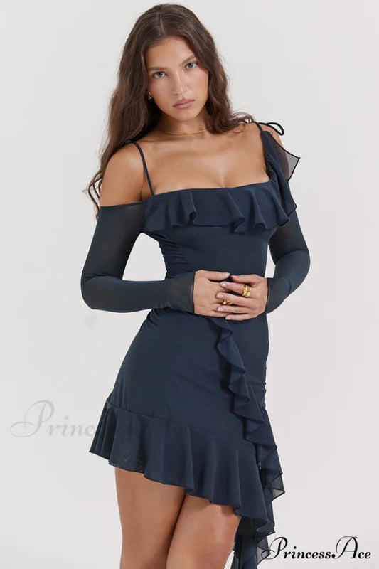 French Navy Stylish Ruffle Mini Dress