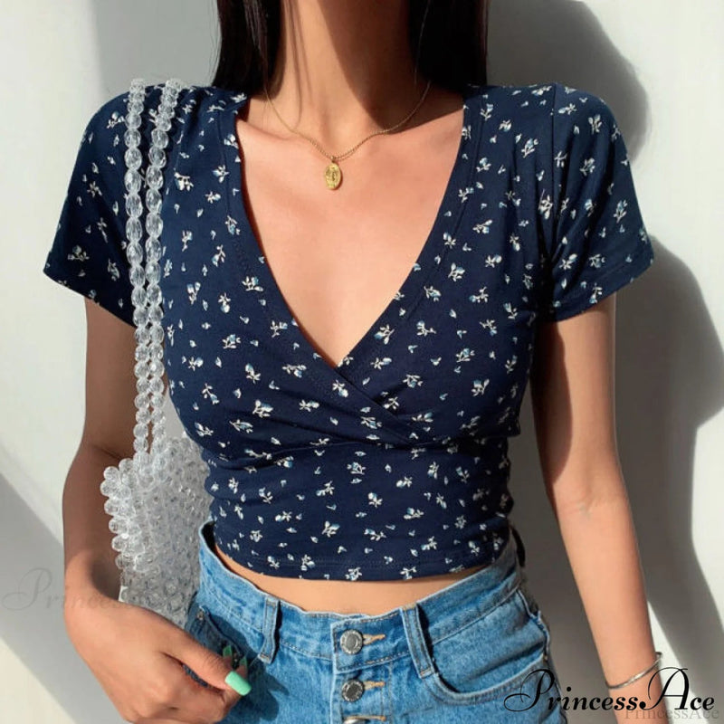 French Retro V-neck Short-sleeved T-shirt