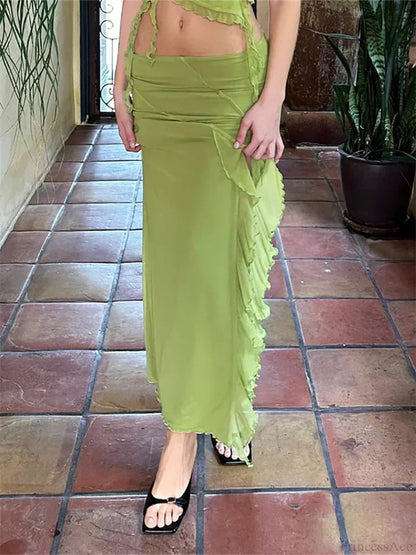 Frill Tulle Low Waist High Split Skirt