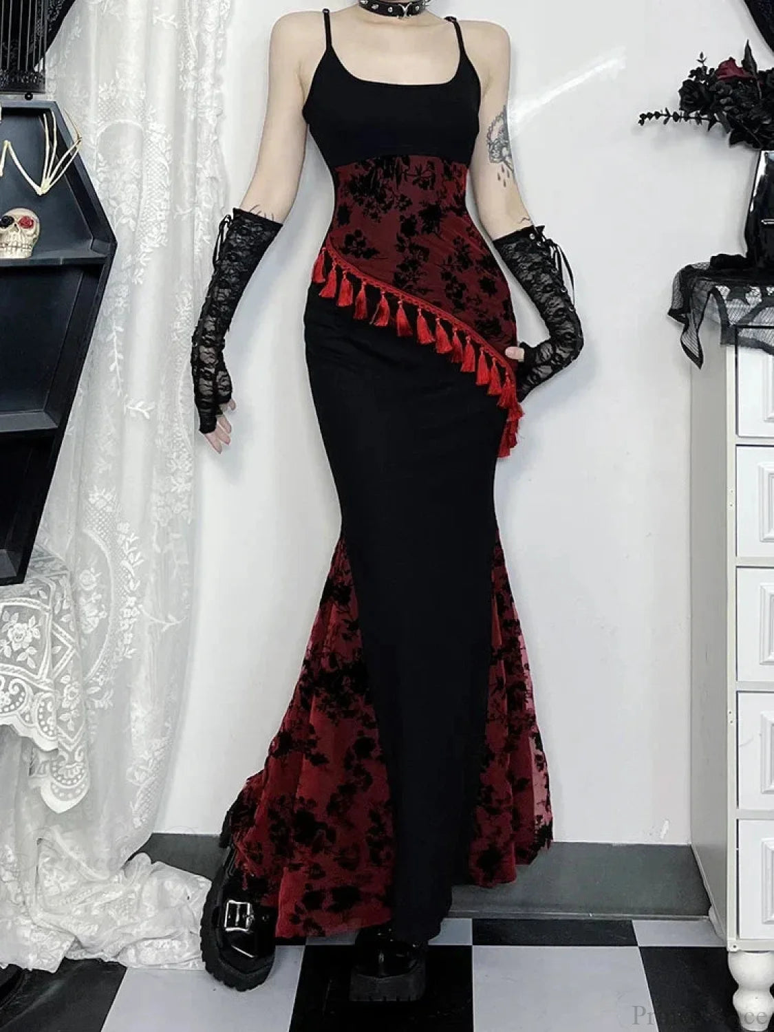 Fringe Spaghetti Strap Form-fitting Maxi Dress