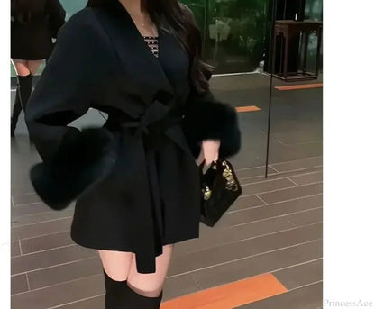 Furry Patchwork Long Sleeve Bandage Overcoat