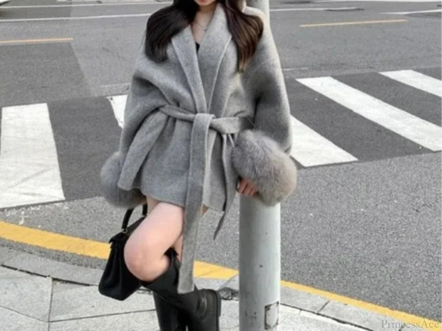 Furry Patchwork Long Sleeve Bandage Overcoat
