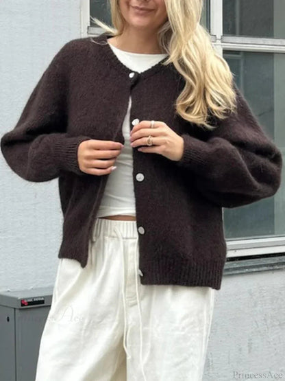 Fuzzy Button-down Long Sleeve Knit Cardigan