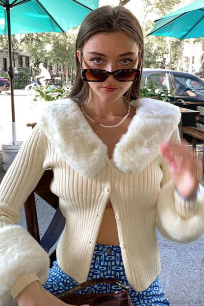 Fuzzy Collar Knit Long Sleeve Cardigan