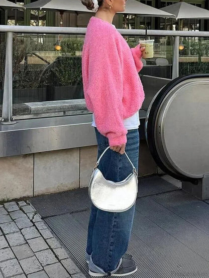 Fuzzy V-neck Button-front Cardigan