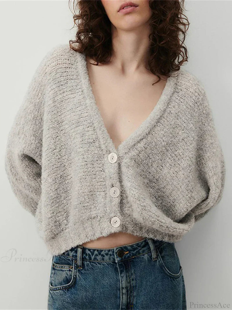 Fuzzy V-neck Button-front Knit Cardigan