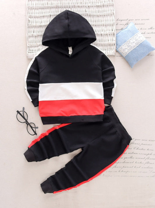 Boy Hooded Collar Striped Patchwork Pants Set Bo2162