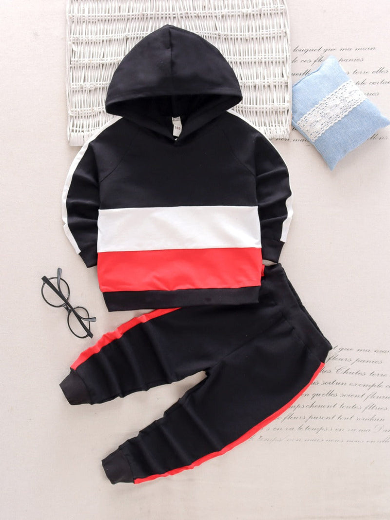 Boy Hooded Collar Striped Patchwork Pants Set Bo2162