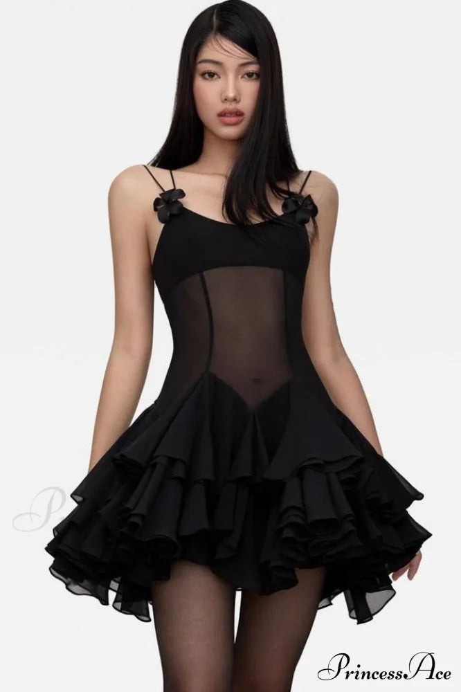 Ganili Spaghetti Sheer Charming Ruffle Mini Dress