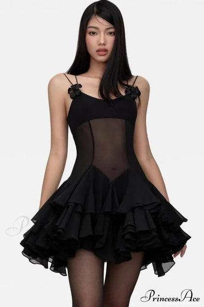 Ganili Spaghetti Sheer Charming Ruffle Mini Dress
