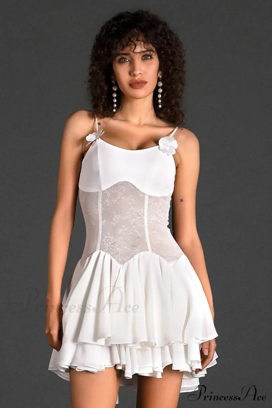 Ganili Spaghetti Sheer Charming Ruffle Mini Dress