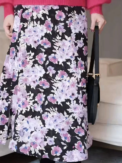 Gentle Purple Midi Skirt Winter Female Split Hem High Waist