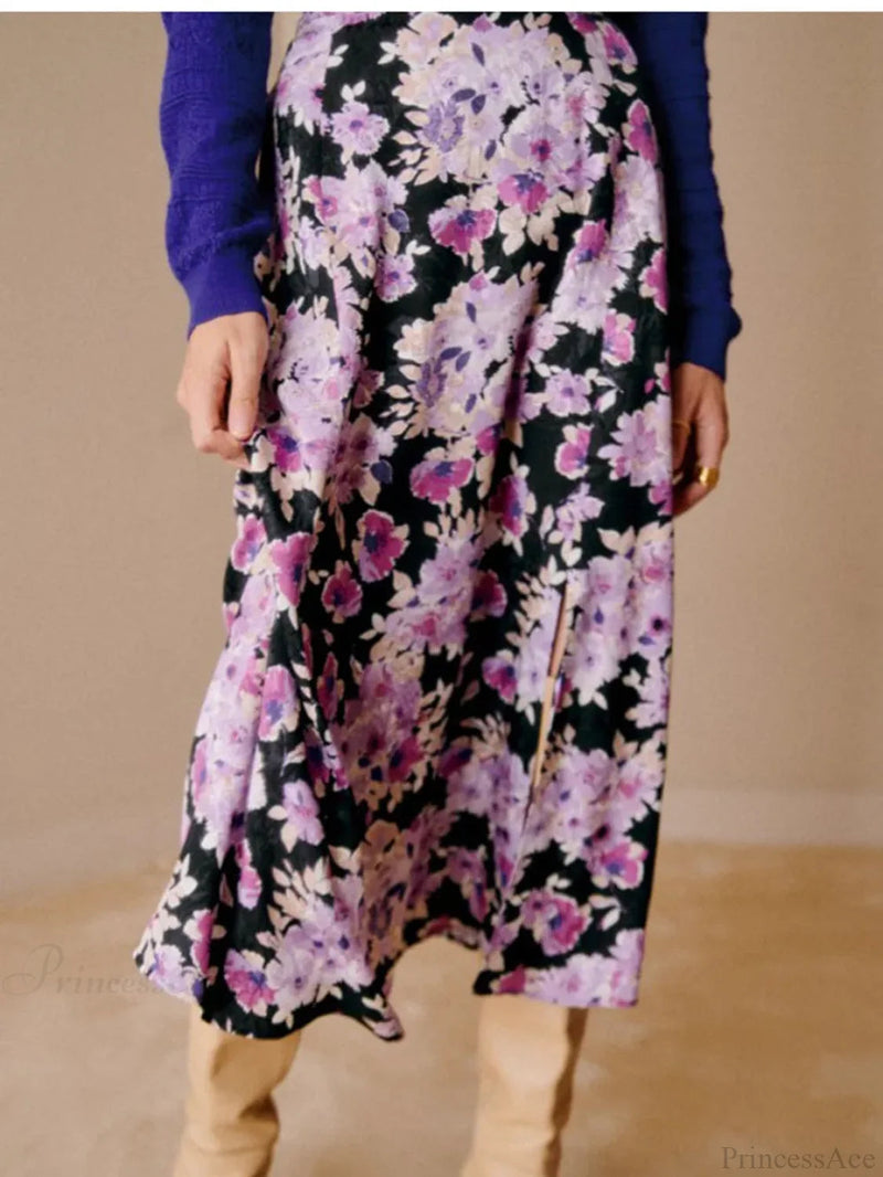 Gentle Purple Midi Skirt Winter Female Split Hem High Waist