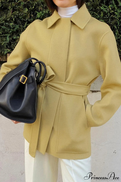 Gentle Sweet Tie Wool Mid-length Pocket Coat